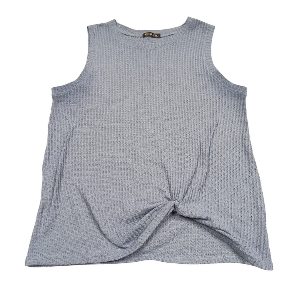 MIHOLL Tank Top Womens L Blue Waffle Knit Front Knot Casual Sleeveless Crew Neck